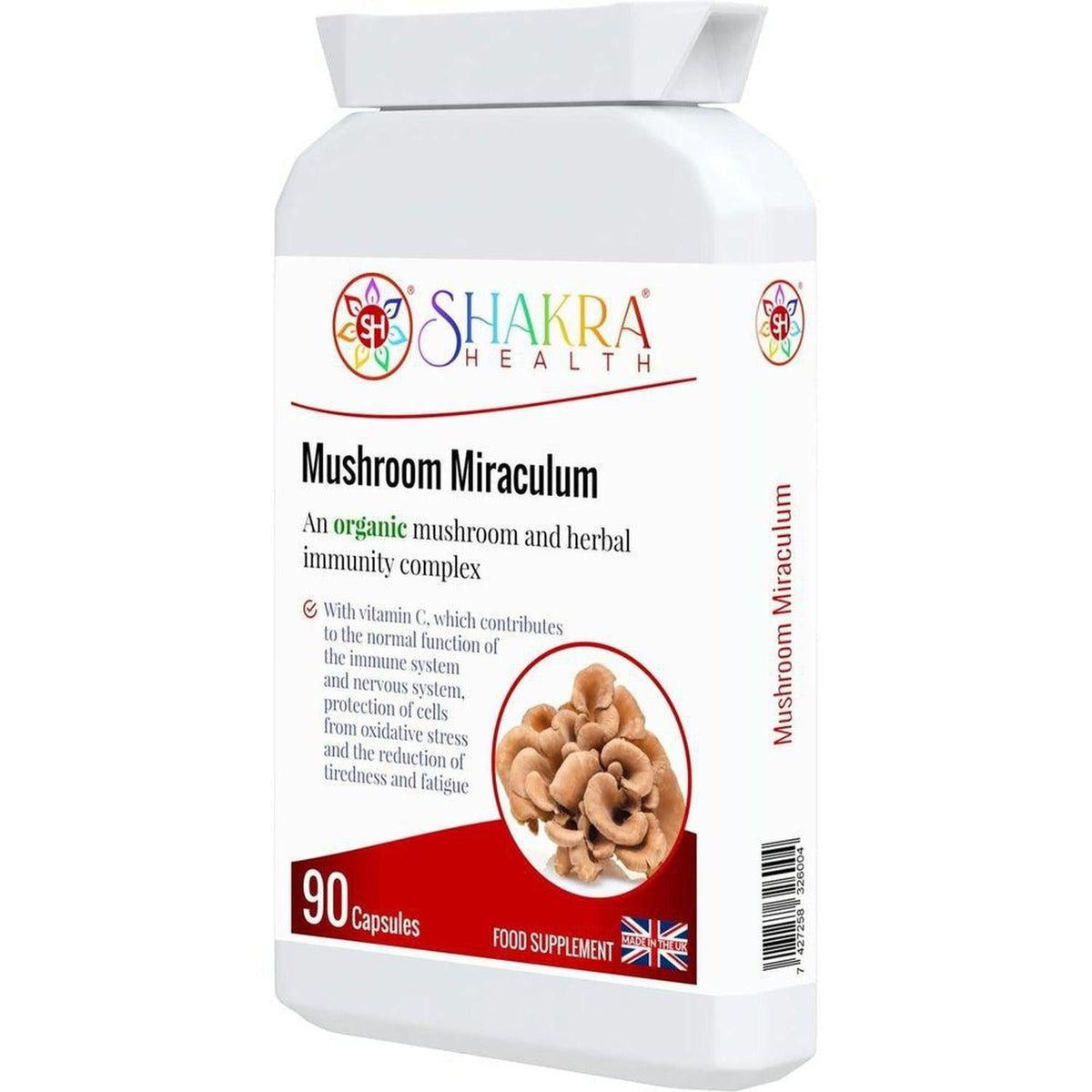 White bottle of Mushroom Miraculum organic supplement capsules with a brown mushroom cluster graphic on the label.