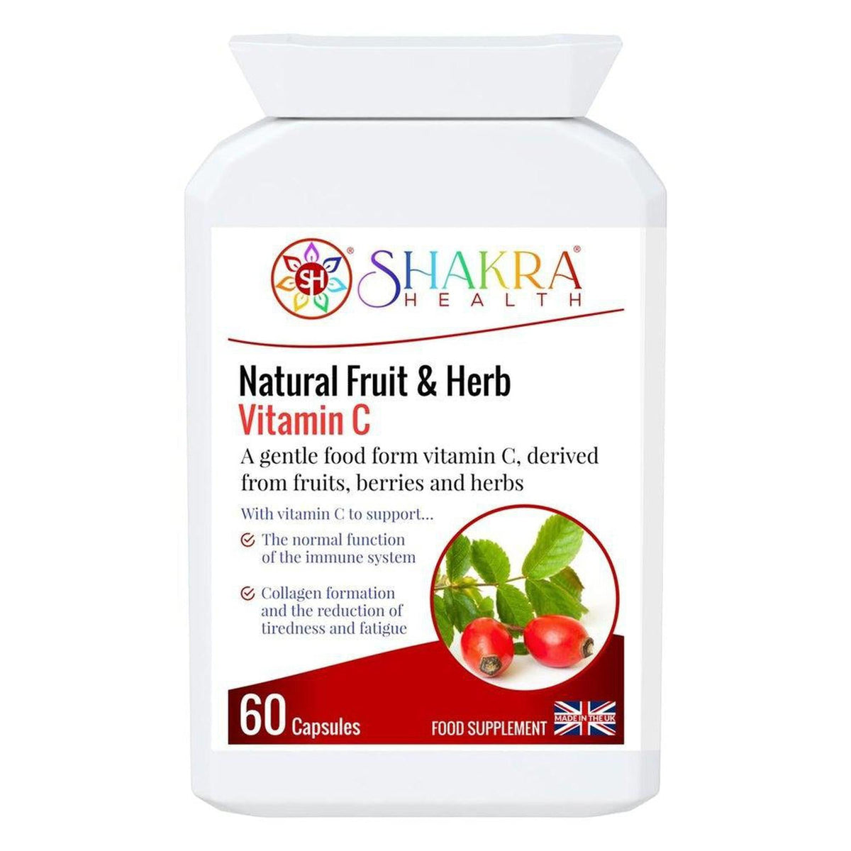 White bottle of Shakra Health Natural Fruit & Herb Vitamin C capsules with rosehip imagery and 60 capsule count label.