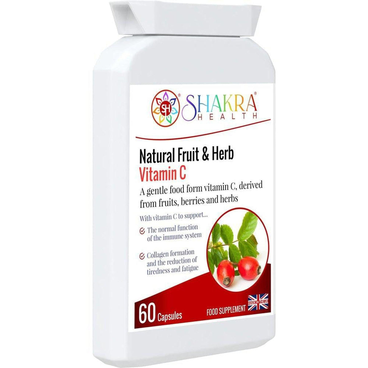 White bottle of Shakra Health Natural Fruit & Herb Vitamin C capsules with a rosehip and leaf illustration.