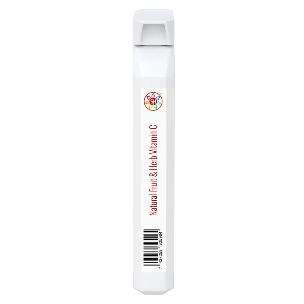 White slim rectangular supplement stick pack with Natural Fruit & Herb Vitamin C branding and a colorful logo.