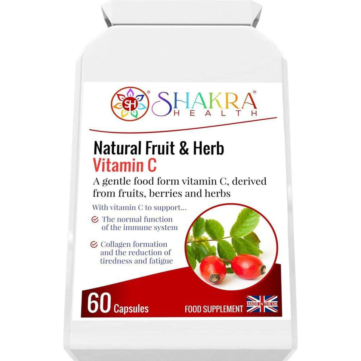 White bottle of Shakra Health Natural Fruit and Herb Vitamin C capsules with a rosehip and leaf image on the label.
