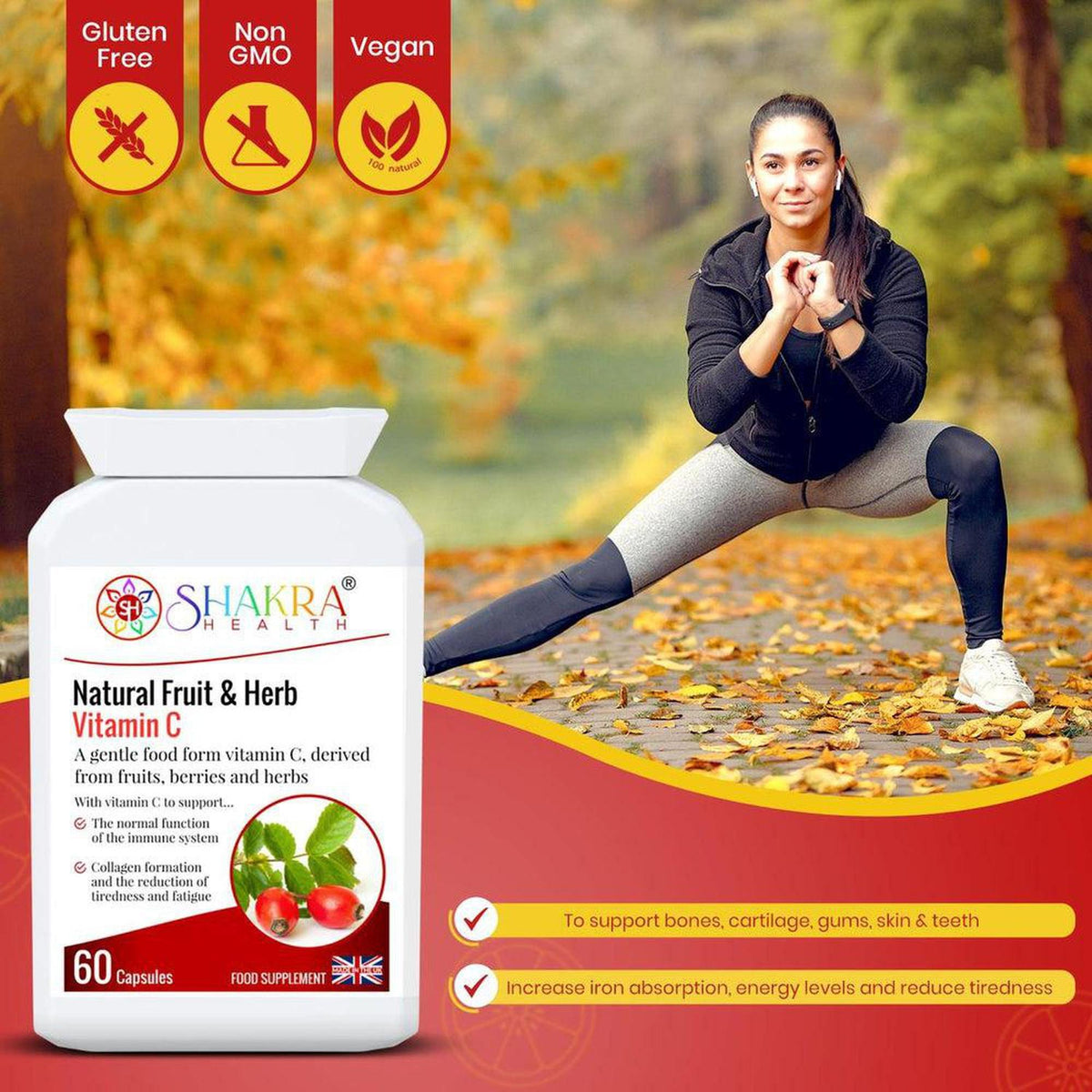 White bottle of Shakra Health Natural Fruit and Herb Vitamin C capsules next to a woman exercising in an autumn park.