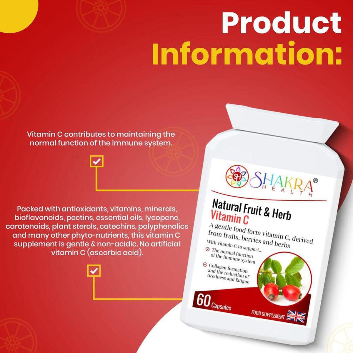 White bottle of Shakra Health Natural Fruit and Herb Vitamin C capsules with red text and botanical illustrations.