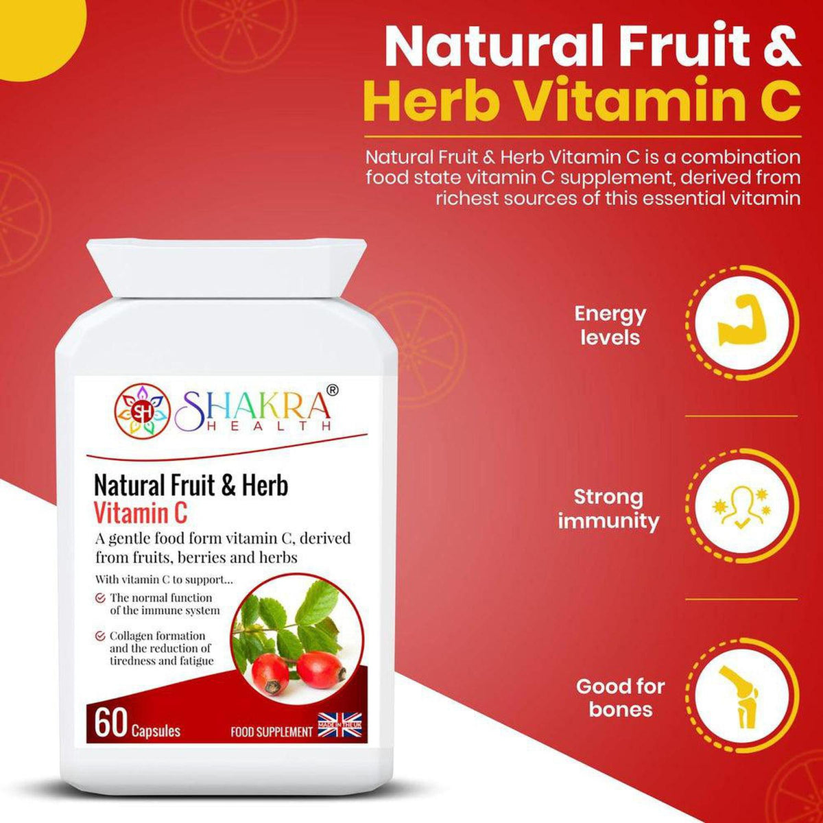 White bottle of Shakra Health Natural Fruit and Herb Vitamin C capsules with red and yellow branding and icons.