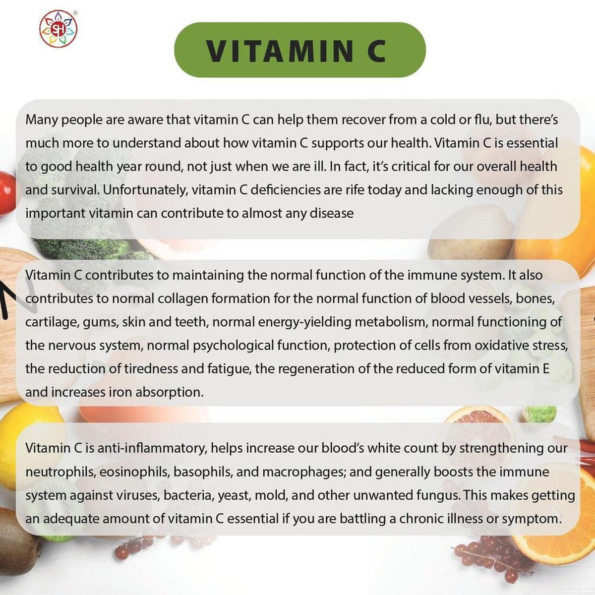 Infographic about Vitamin C health benefits surrounded by fresh citrus, berries, and herbs on a wooden surface.