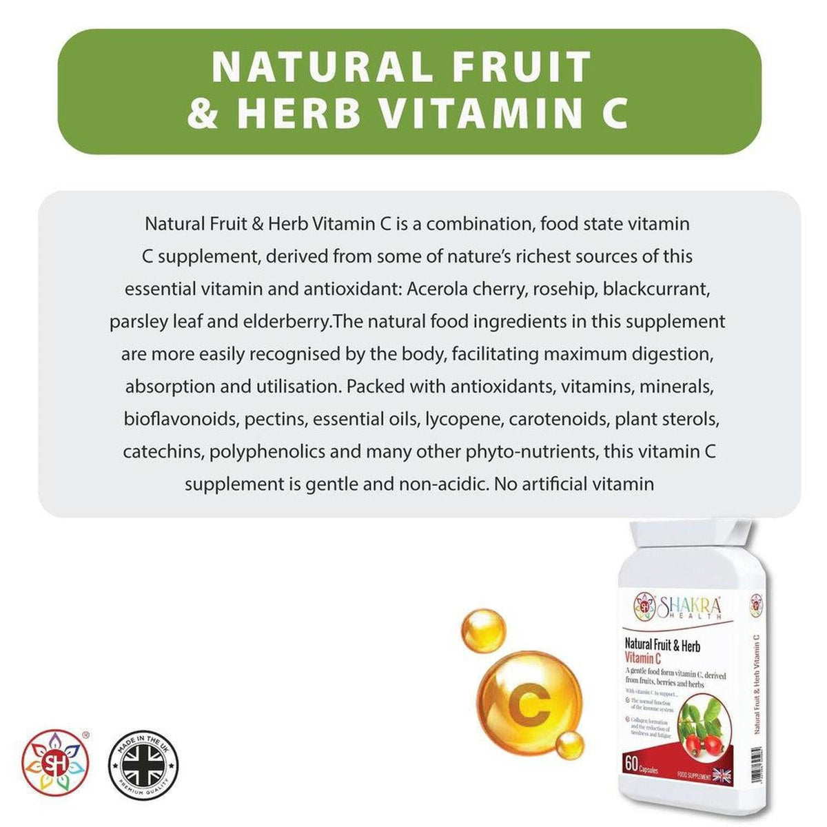 White supplement bottle of Natural Fruit & Herb Vitamin C with botanical imagery and gold accents on a clean background.