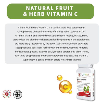 White supplement bottle of Natural Fruit & Herb Vitamin C with botanical imagery and gold accents on a clean background.