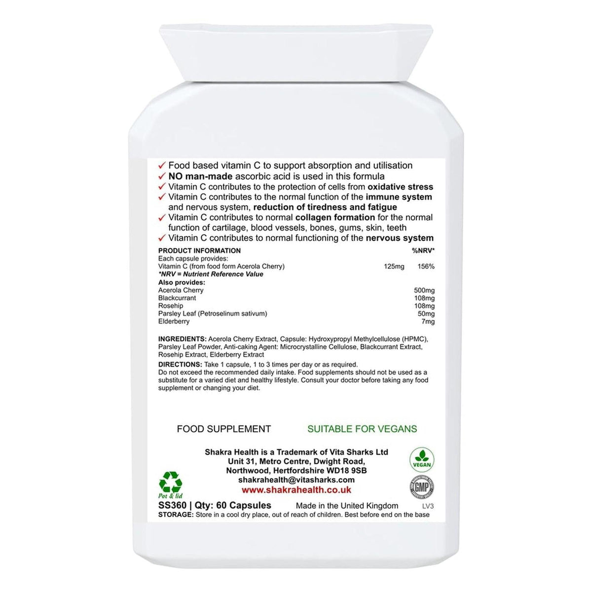 White plastic supplement bottle showing a detailed ingredient label for Natural Fruit and Herb Vitamin C capsules.