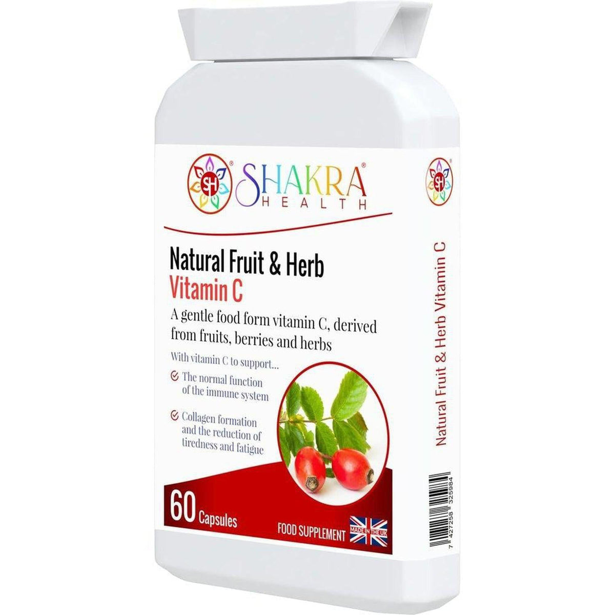 White bottle of Shakra Health Natural Fruit & Herb Vitamin C capsules featuring rosehip imagery and a 60-capsule count.