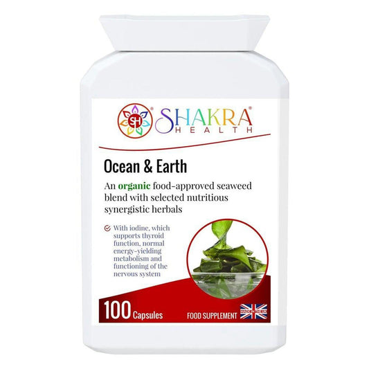 White bottle of Shakra Health Ocean & Earth organic seaweed supplement capsules with a red label and green leaf imagery.