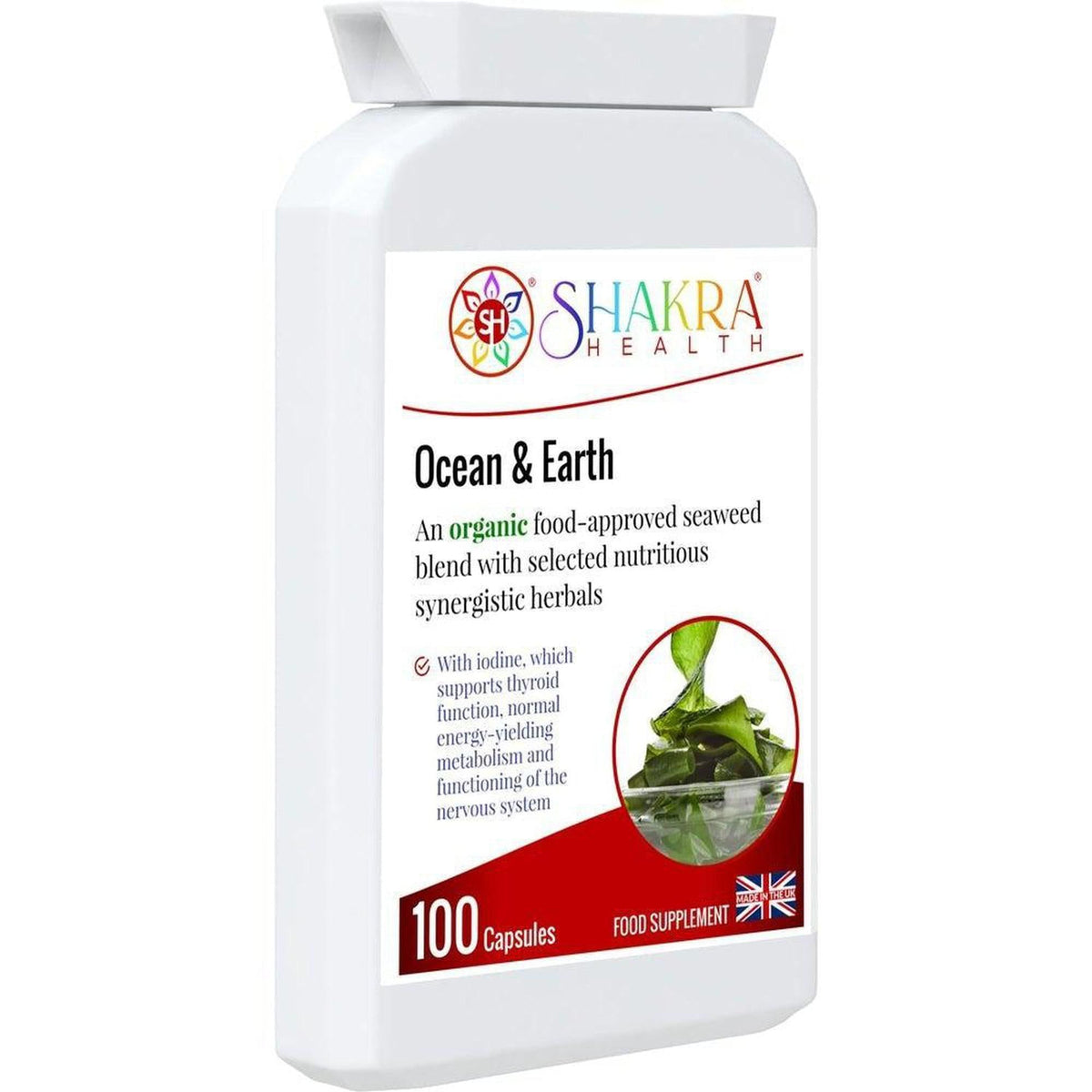 White bottle of Shakra Health Ocean & Earth organic seaweed capsules with a circular green leaf graphic on the label.