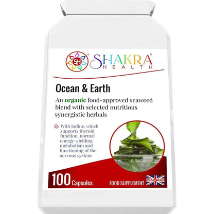 White bottle of Shakra Health Ocean & Earth organic seaweed supplement capsules with a green leaf graphic.