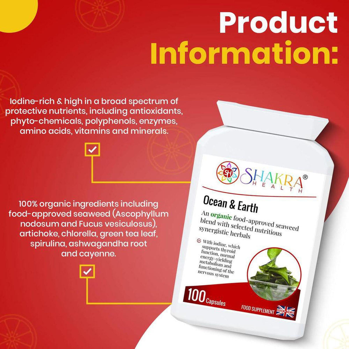 White bottle of Shakra Health Ocean & Earth organic seaweed capsules against a red background with ingredient text.