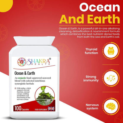 White bottle of Ocean & Earth supplement capsules on a red background with icons for thyroid, immunity, and nervous system.