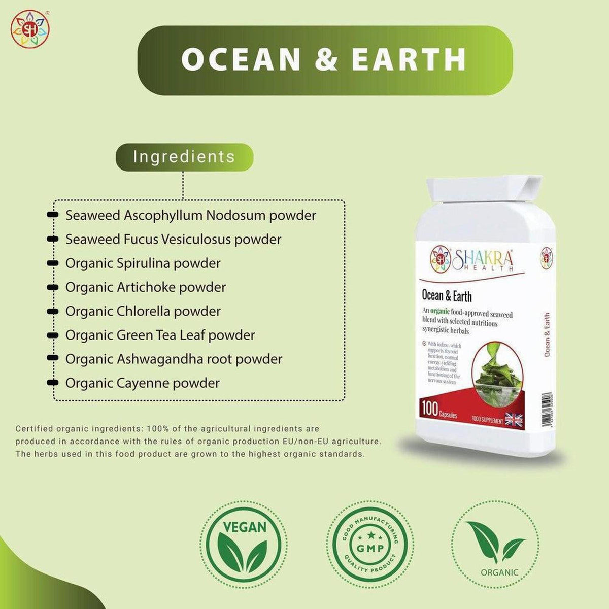 Shakra Health Ocean & Earth supplement bottle with an ingredient list featuring organic seaweed and superfood powders.
