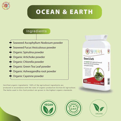 Shakra Health Ocean & Earth supplement bottle with an ingredient list featuring organic seaweed and superfood powders.