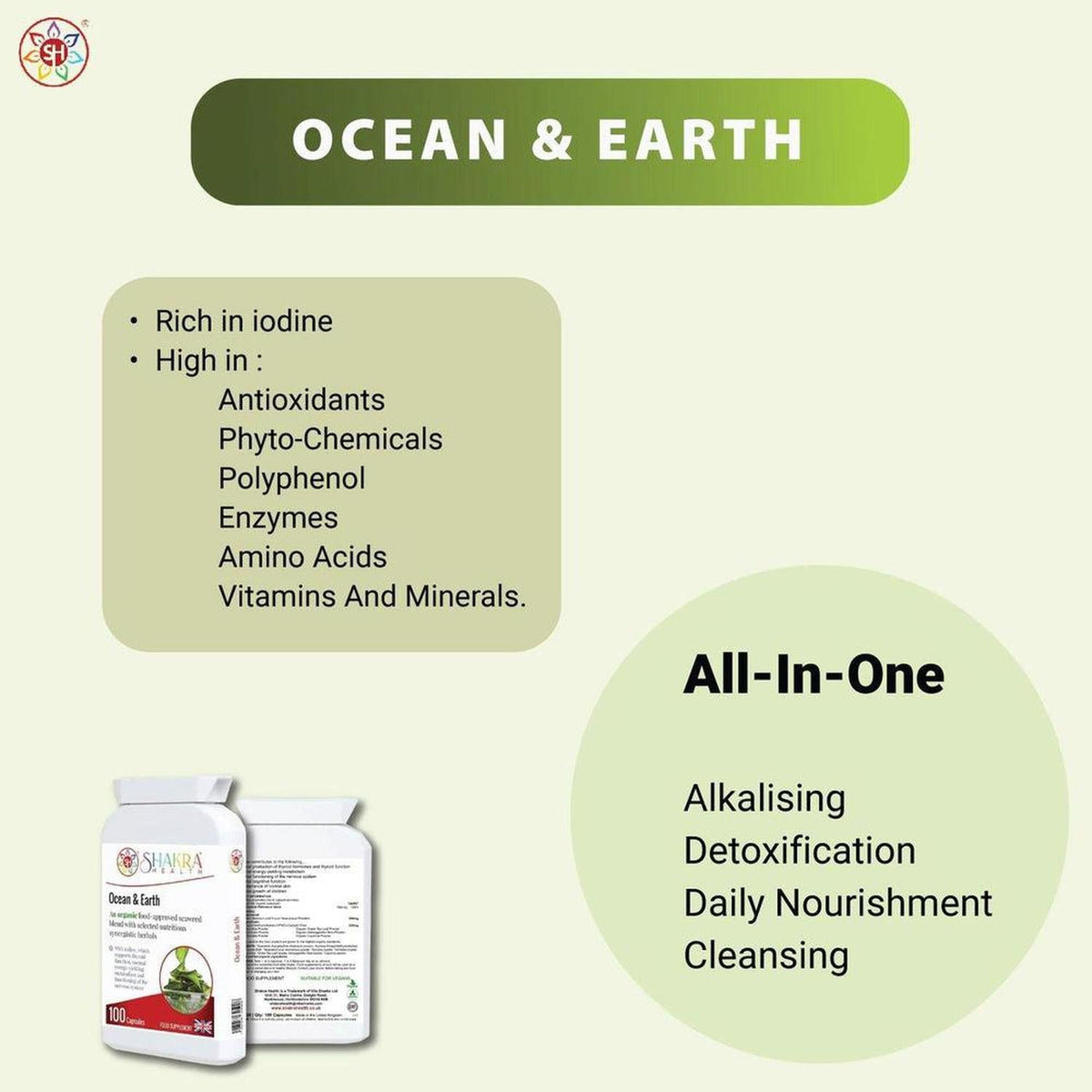 Ocean & Earth supplement bottle with green and white infographic detailing iodine and nutrient benefits.
