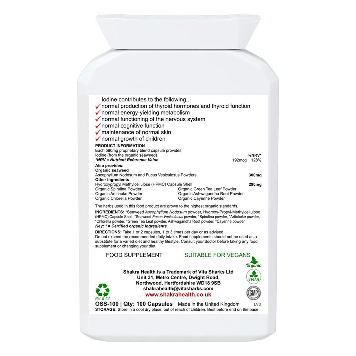 White supplement bottle back label with ingredient list, nutritional information, and vegan certification icons.