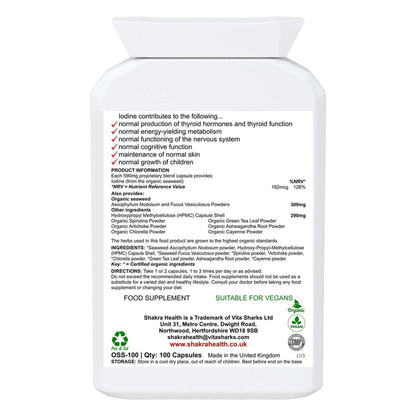 White supplement bottle back label with ingredient list, nutritional information, and vegan certification icons.