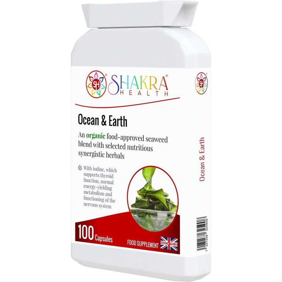 White bottle of Ocean & Earth organic seaweed capsules with a circular green leaf graphic and Shakra Health logo.
