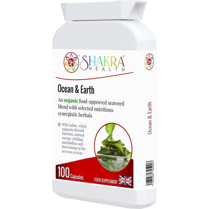 White bottle of Ocean & Earth organic seaweed capsules with a circular green leaf graphic and Shakra Health logo.