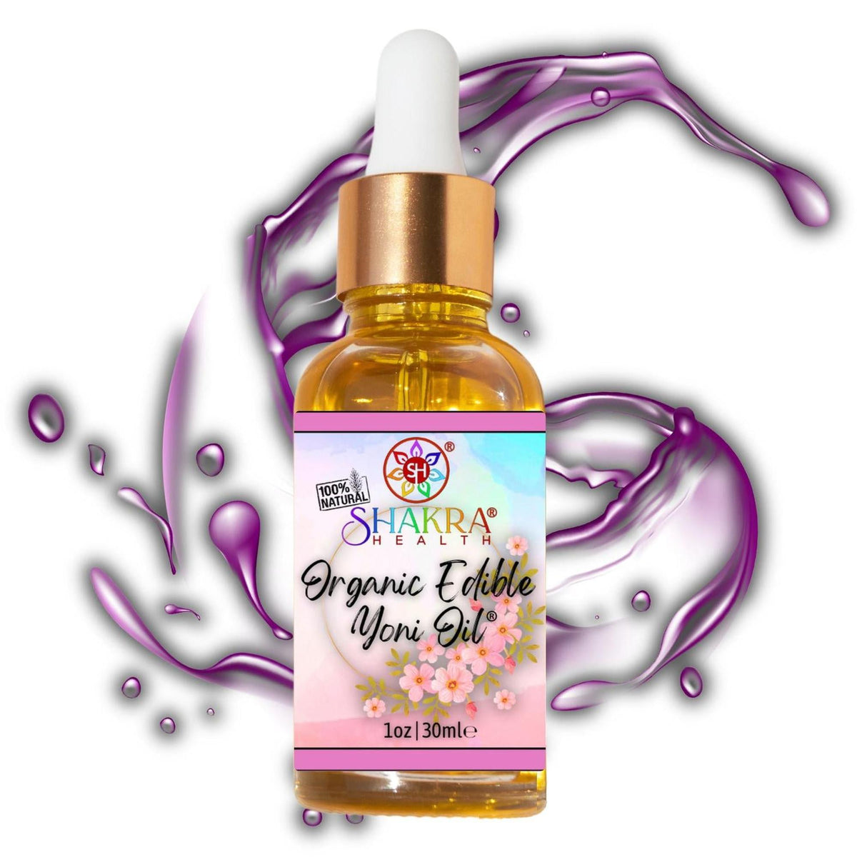 30ml glass dropper bottle of organic yoni oil with a floral label and gold cap against a purple liquid splash background.