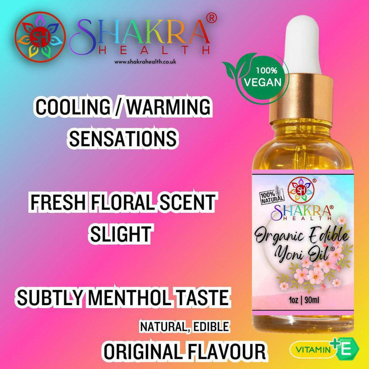 30ml bottle of Shakra Health organic edible yoni oil with a floral label, dropper cap, and Vitamin E on a gradient background.