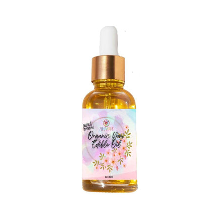30ml bottle of organic yoni oil with a gold dropper cap and a floral label featuring Shakra Health branding.