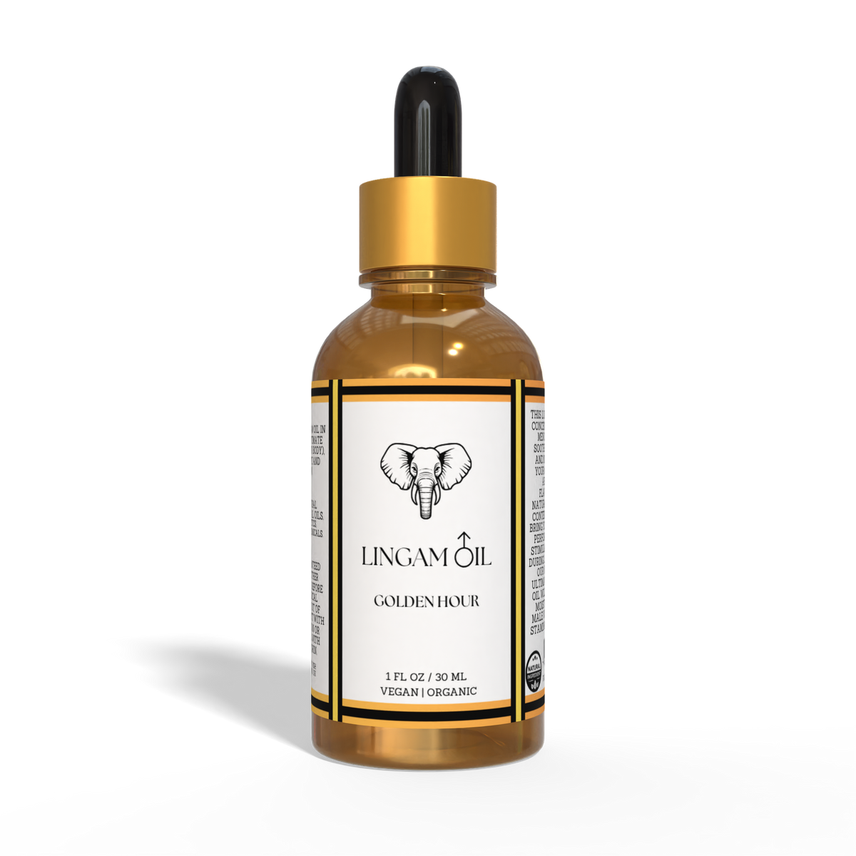 Amber glass dropper bottle of Golden Hour organic lingam oil with a gold cap and elephant logo label.