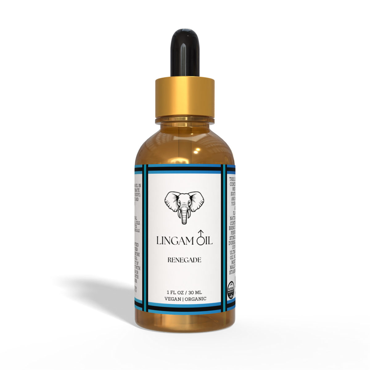 Amber glass dropper bottle of Renegade Lingam Oil with a gold cap and white label featuring an elephant logo.
