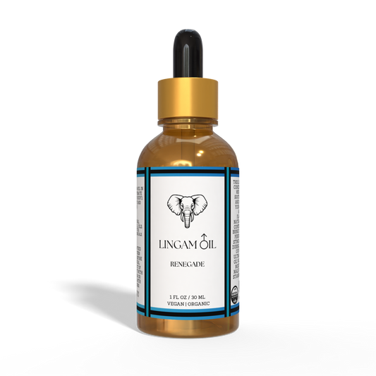 Amber glass dropper bottle of Renegade Lingam Oil with a gold cap and white label featuring an elephant logo.
