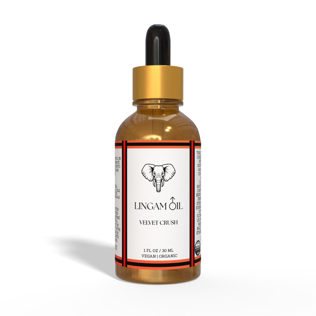 Amber glass dropper bottle of Velvet Crush organic lingam oil with a gold cap and white elephant logo label.