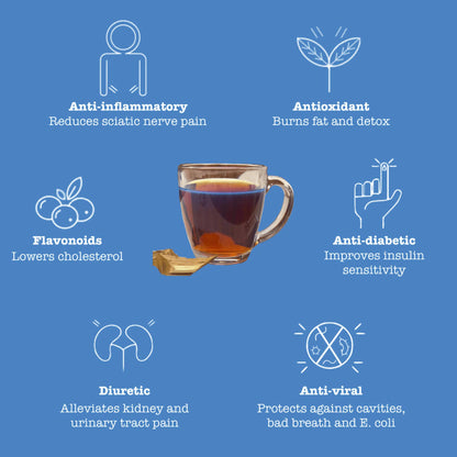 Glass cup of Palo Azul tea surrounded by white health benefit icons and text on a blue background.