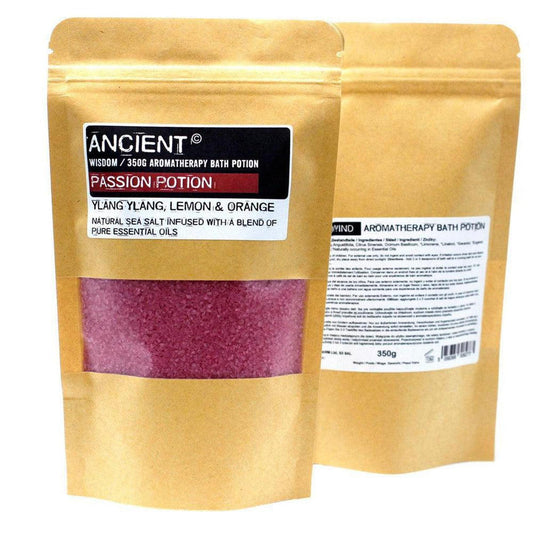 350g pouch of Passion Potion sea salt bath soak with pink crystals and a black label on a white background.