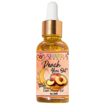 30ml bottle of Shakra Health peach yoni oil with a gold dropper cap and a label featuring peach illustrations.