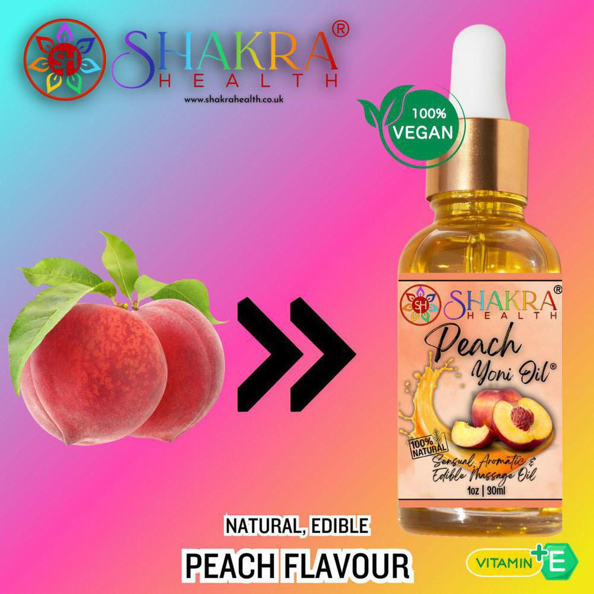 Shakra Health peach flavoured yoni oil in a 30ml glass dropper bottle with a peach fruit graphic on a pink background.