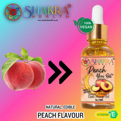 Shakra Health peach flavoured yoni oil in a 30ml glass dropper bottle with a peach fruit graphic on a pink background.