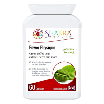 White bottle of Shakra Health Power Physique capsules with green coffee bean graphic and 60 capsule count label.