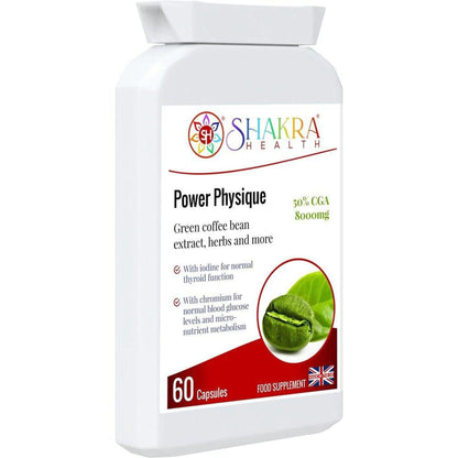 White bottle of Shakra Health Power Physique green coffee bean capsules with a 60-capsule count label.
