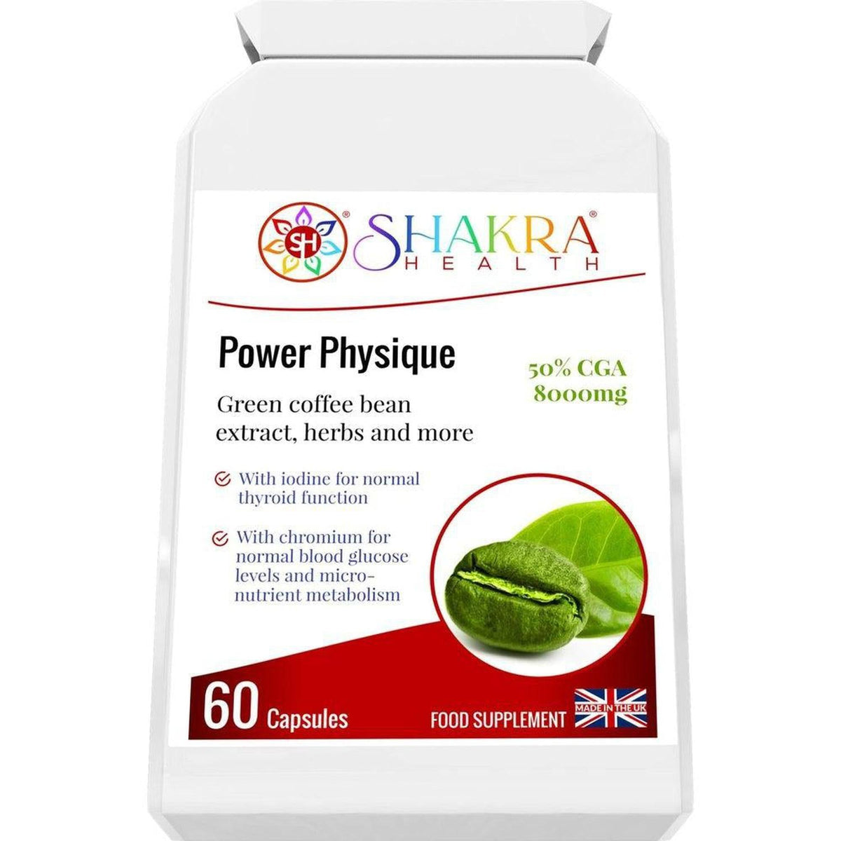 White bottle of Shakra Health Power Physique capsules with green coffee bean imagery and 60 capsule label.