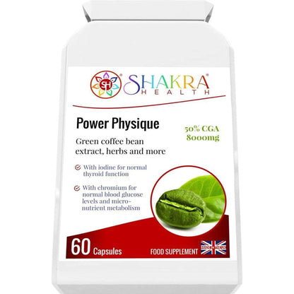 White bottle of Shakra Health Power Physique capsules with green coffee bean imagery and 60 capsule label.
