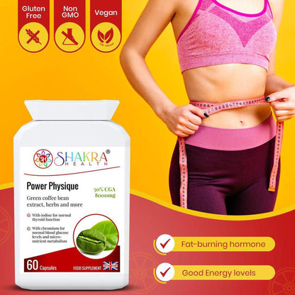 White bottle of Power Physique supplement next to a fit woman measuring her waist against a bright yellow background.