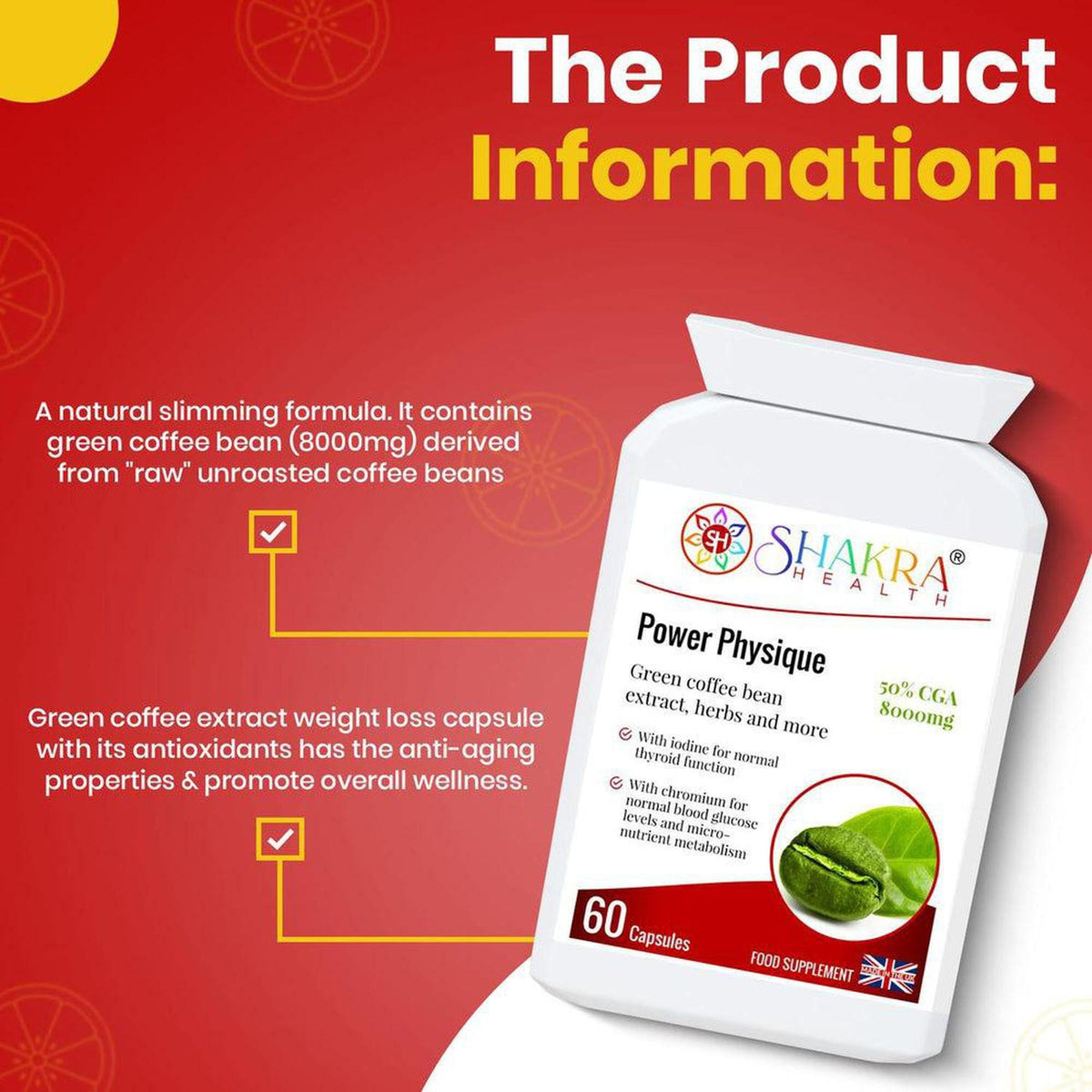 White bottle of Shakra Health Power Physique capsules with green coffee bean imagery on a red background.
