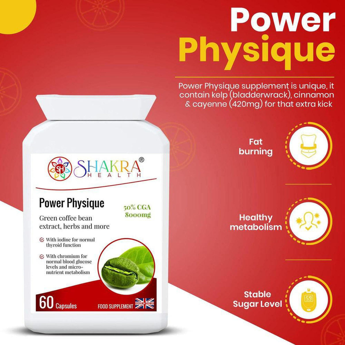 White bottle of Power Physique supplement with green coffee bean graphic on a red background with health icons.