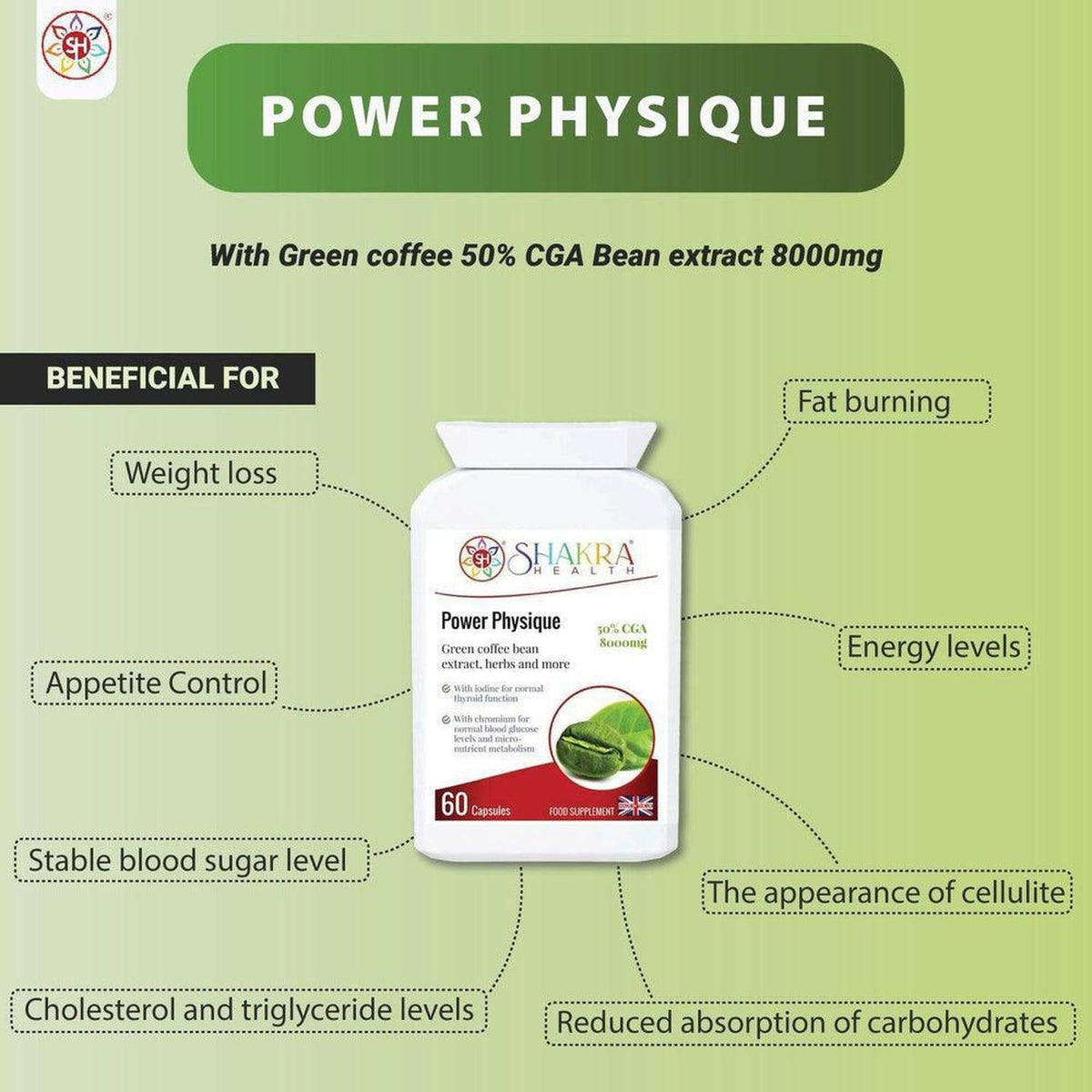 White bottle of Power Physique 60 capsules with green coffee bean label on a light green background with benefit callouts.