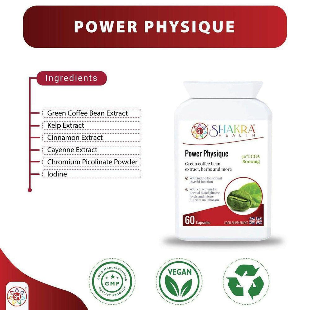 Shakra Health Power Physique supplement bottle with ingredient list, 60 capsules, and vegan and GMP certification icons.