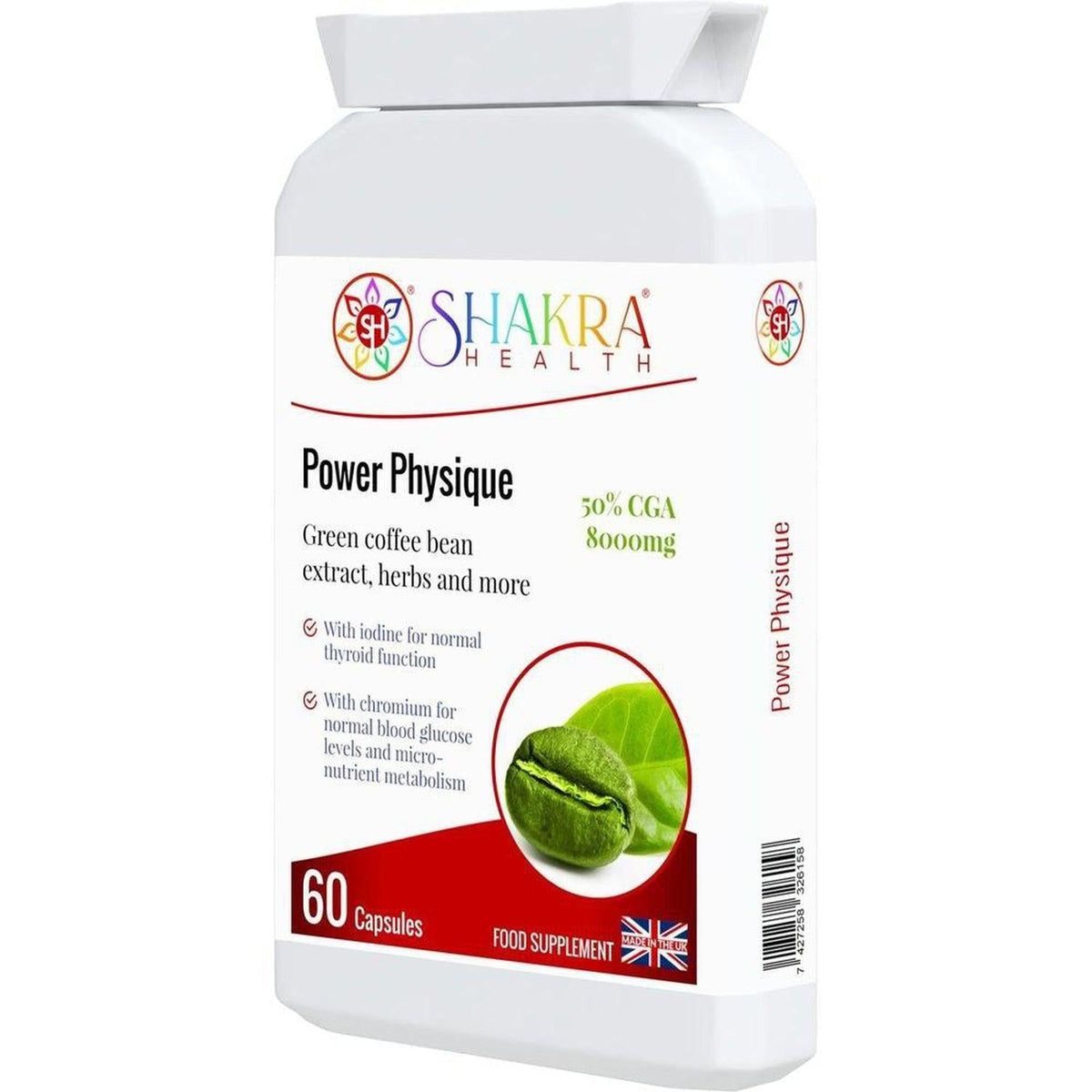 White bottle of Shakra Health Power Physique green coffee bean capsules with a green bean graphic and 60 capsule count.