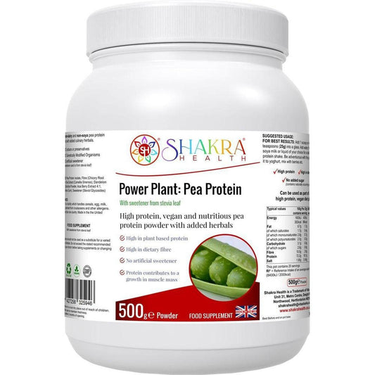 White 500g tub of Shakra Health Power Plant pea protein powder with a label featuring green snap peas and nutritional info.