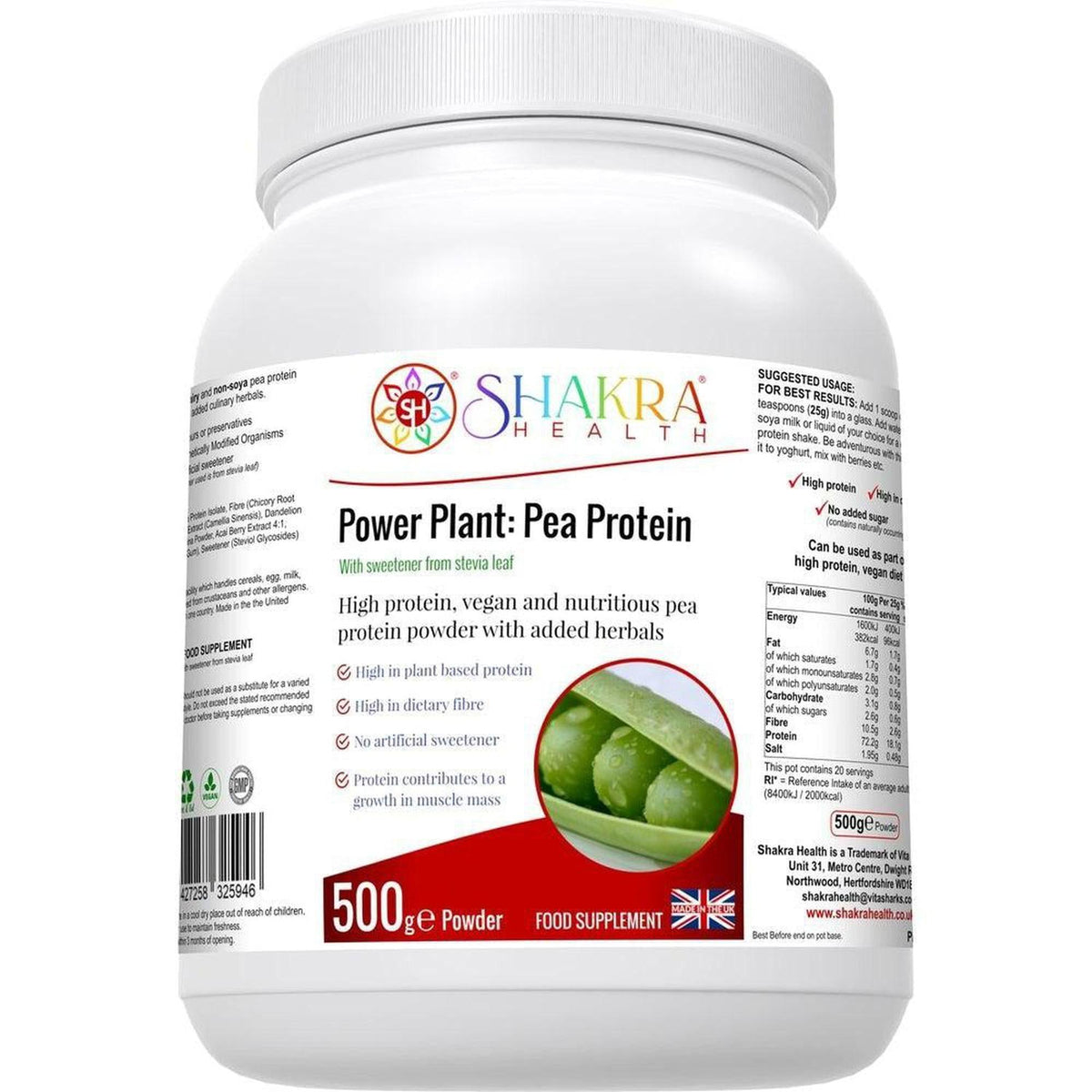 White 500g tub of Shakra Health Power Plant pea protein powder with a red and green label featuring snap peas.