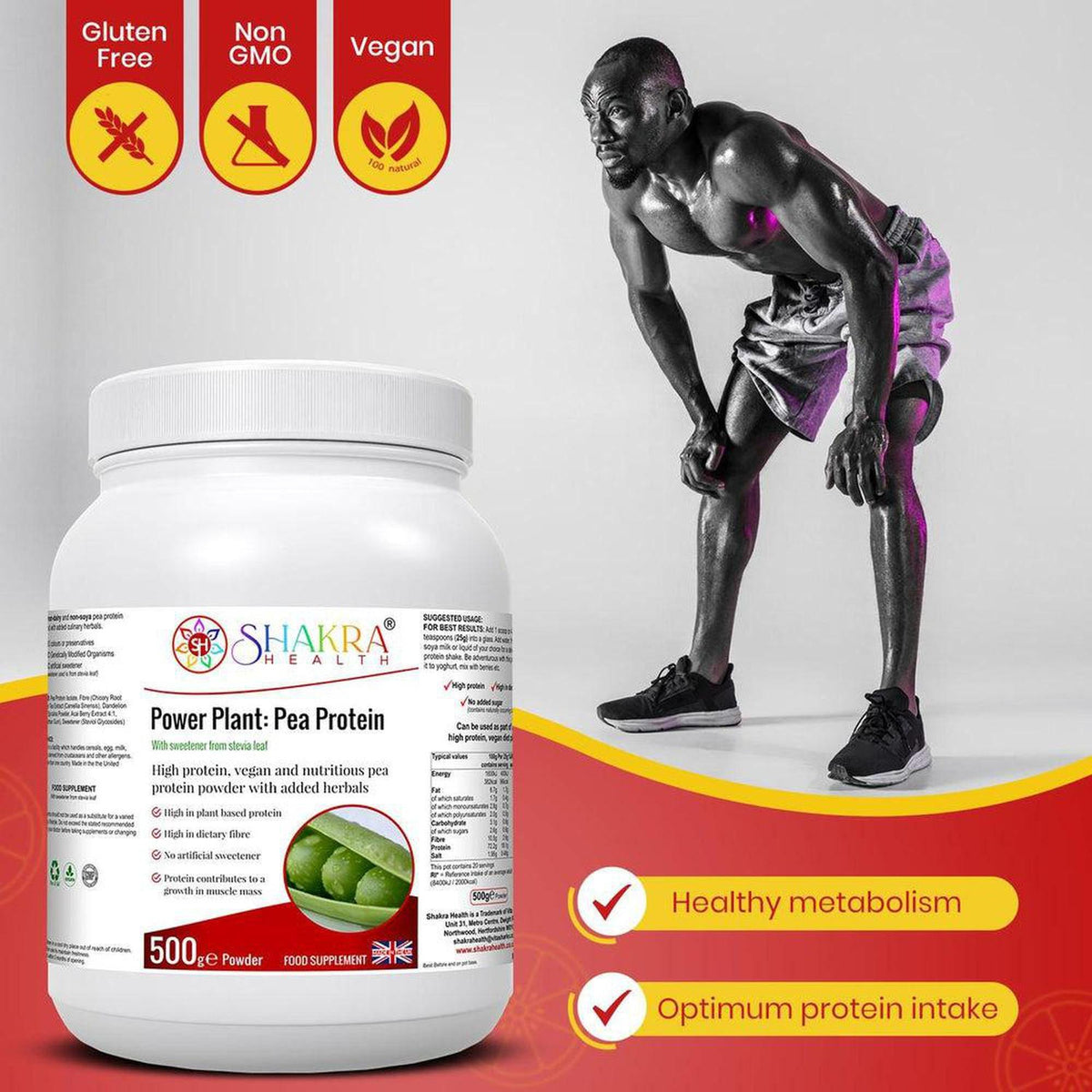 White tub of Shakra Health Power Plant pea protein powder next to a muscular man training in a gym setting.